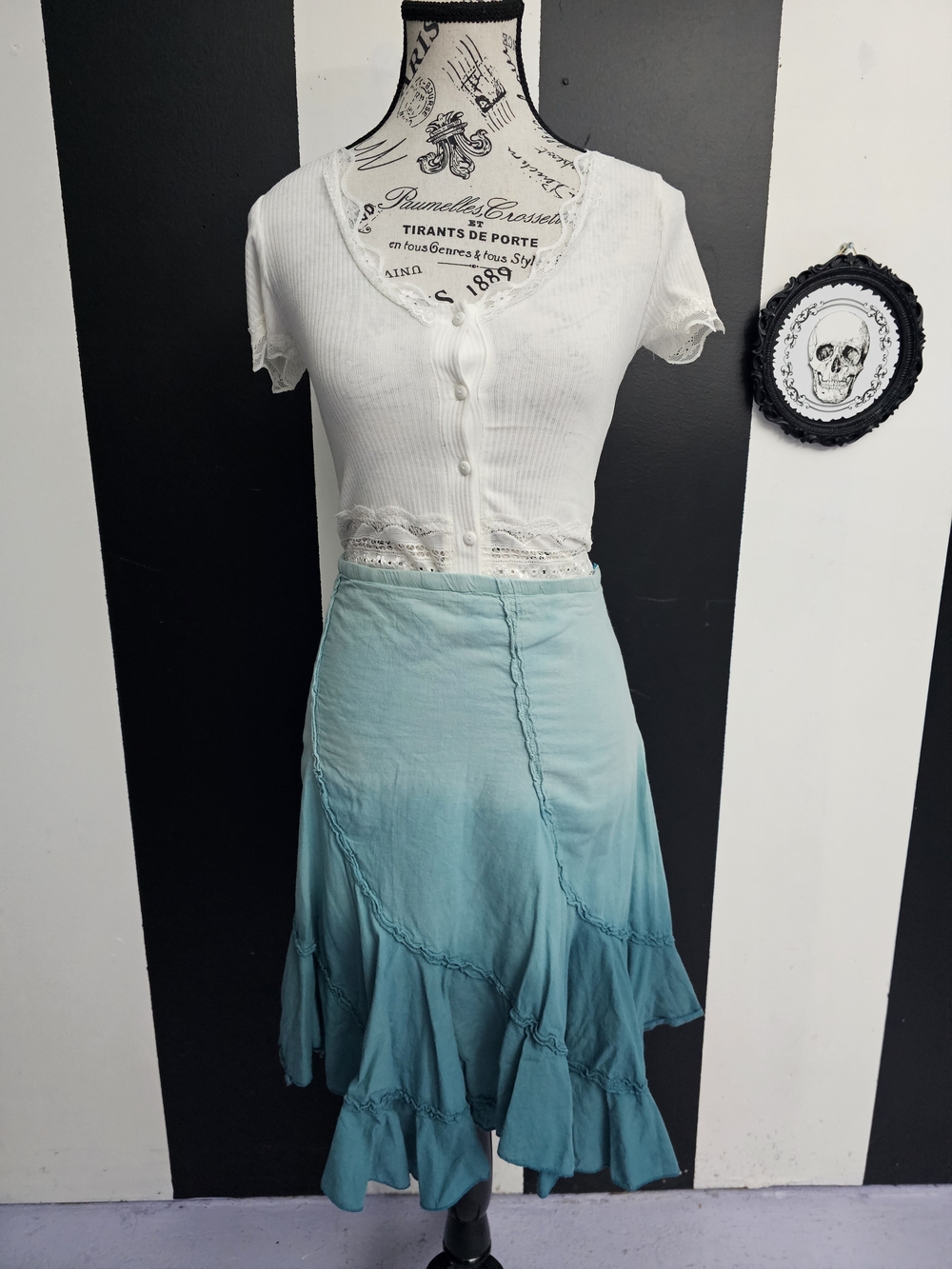 Vintage Teal Ombre Asymmetrical Ruffle Skirt